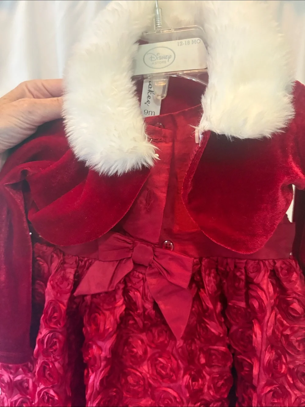 Cherokee Red Velvet Rosette Holiday Dress with Faux Fur Collar